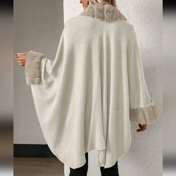 White cardigan with fluffy trim, dolman sleeves, chic, elegant, modern - Picture 5 of 5